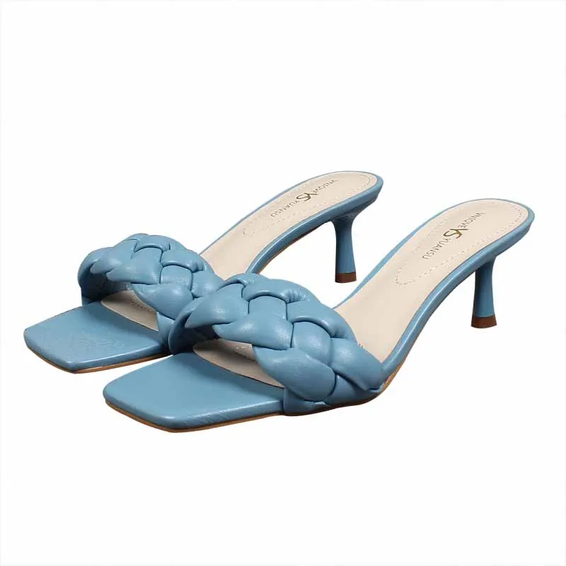 

Slippers Casual High-Heeled Shoes Lady Med Slides Luxury Thin Summer Fashion TPR Synthetic PU Rome Thin Heels Slippers Women Sum