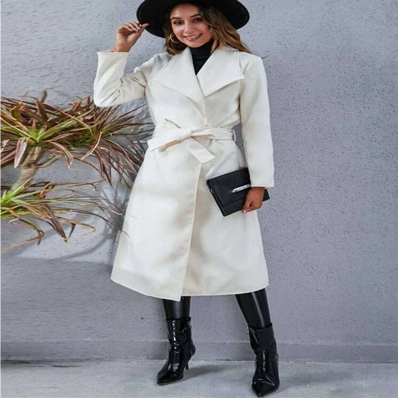 2022 New Winter Women's Woolen Coat With Sashes Casual Single Button Wide-Waisted Wool Blends Jacket Overcoat Female Outerwear