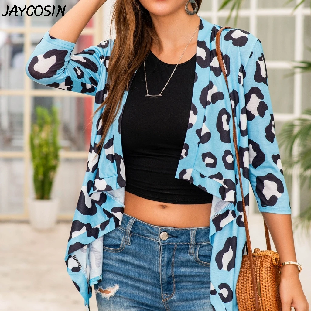 JAYCOSIN 2020 New Arrival Fashion Women Coat Leopard Print 3/4 Sleeve Irregular Cardigan Open Front Sun Protection Jacket |
