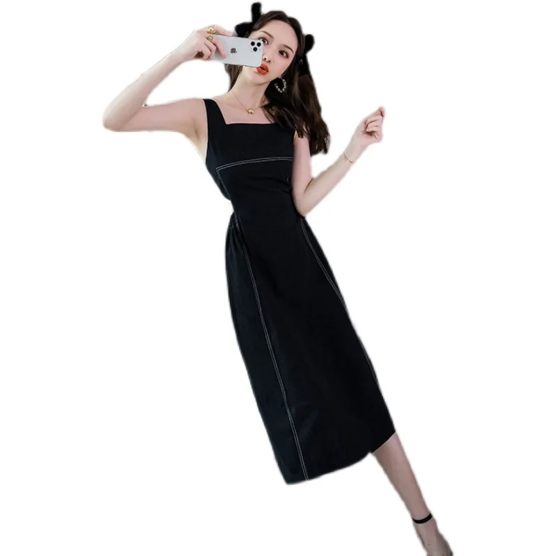 

COIGARSAM Women one-piece dress korean New Summer Vintage Dresses Black 9063