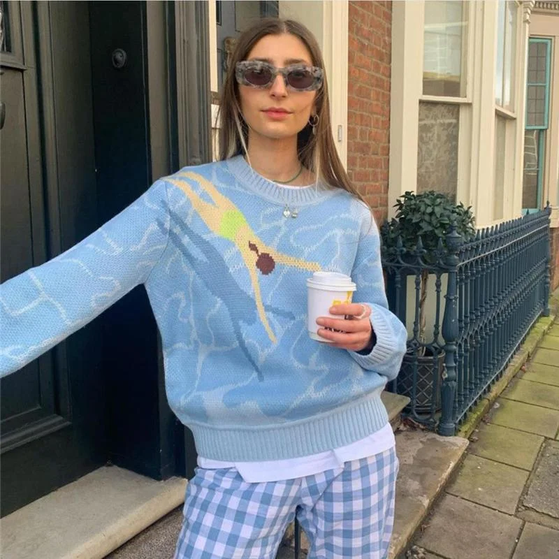 

Свитер женский трикотажный голубой, с волнистыми рукавами-фонариками, на осень, 2021