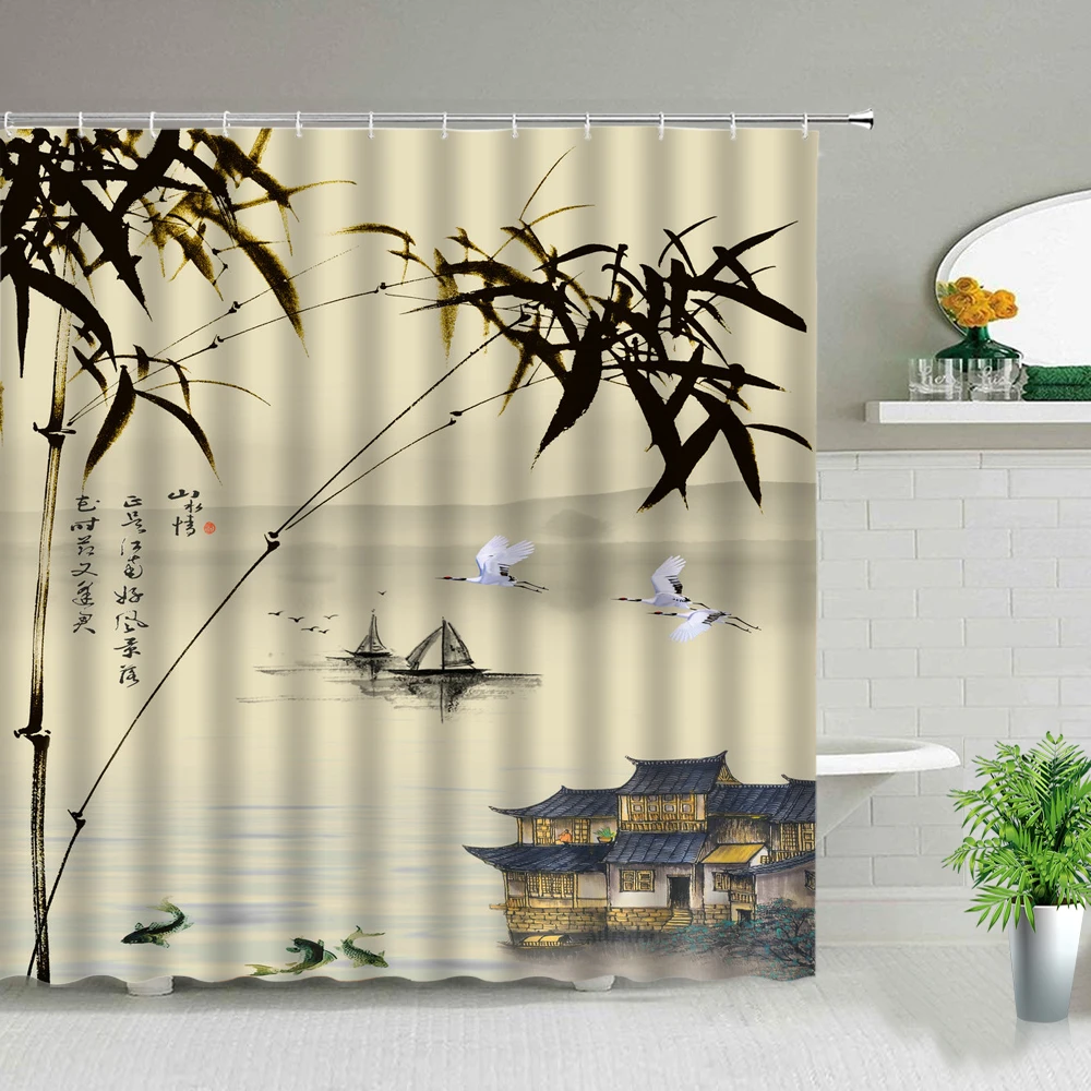 chinese style flower bird scenery shower curtains plant floral landscape bathroom waterproof fabric bath curtain set with hooks free global shipping