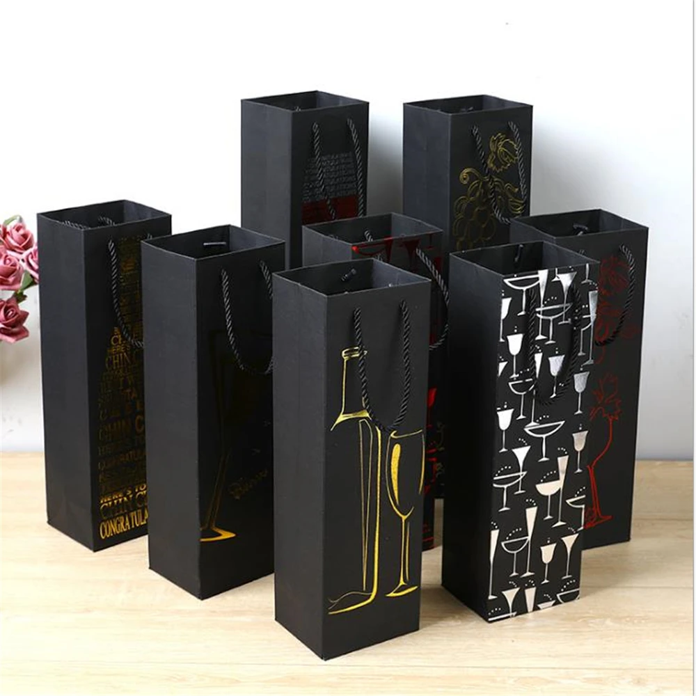 Fsetival-bolsas de vino de papel negro para fiesta, caja de regalo para botella de vino con estampado en caliente, bolsas de embalaje para champán, 10 Uds.