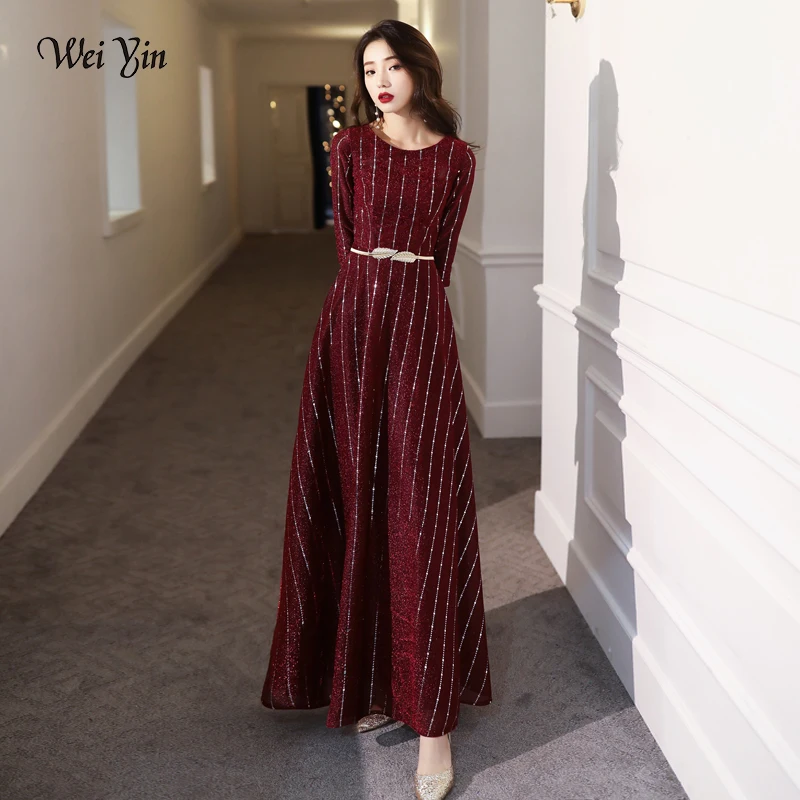 Wei yin AE0284 ТРАПЕЦИЕВИДНОЕ вечернее платье винно-красного цвета с круглым вырезом и рукавом 3/4, официальное платье для выпускного вечера, Женск...