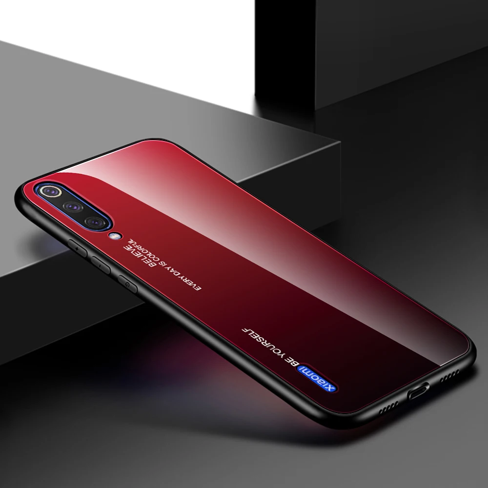Black Red Чехол из закаленного стекла для Xiaomi Mi A3 Lite 9T RedMi 7A Note 7 8 K20 Pro цветной градиентный глянцевый чехол для Xiaomi RedMi Note 8 - Цвет: Black Red