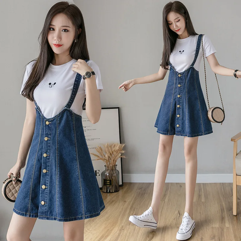

2020 Spring Summer New Korean Style Denim Overall Dress Sleeveless Strap Single-breasted Slim Fit A Line Jeans Dress Sundress