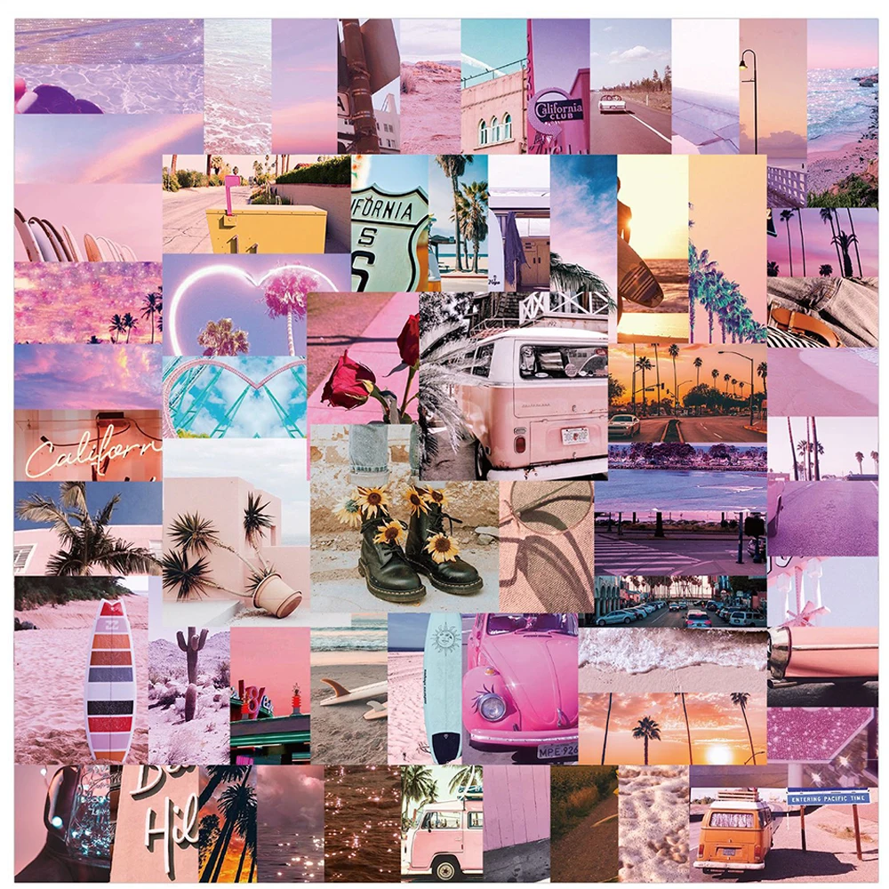 

50/62PCS Cute INS Style Pink Landscape Stickers Aesthetic California Sunshine Decals Luggage Laptop Phone Guitar Sticker Toy