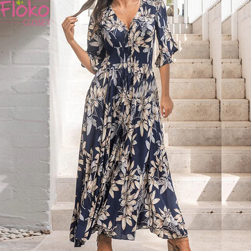 

Flokocloset Summer V-Neck Print Elegant Short Sleeve Maxi Dress 2021 Casual Party Evening Long Dresses for Women