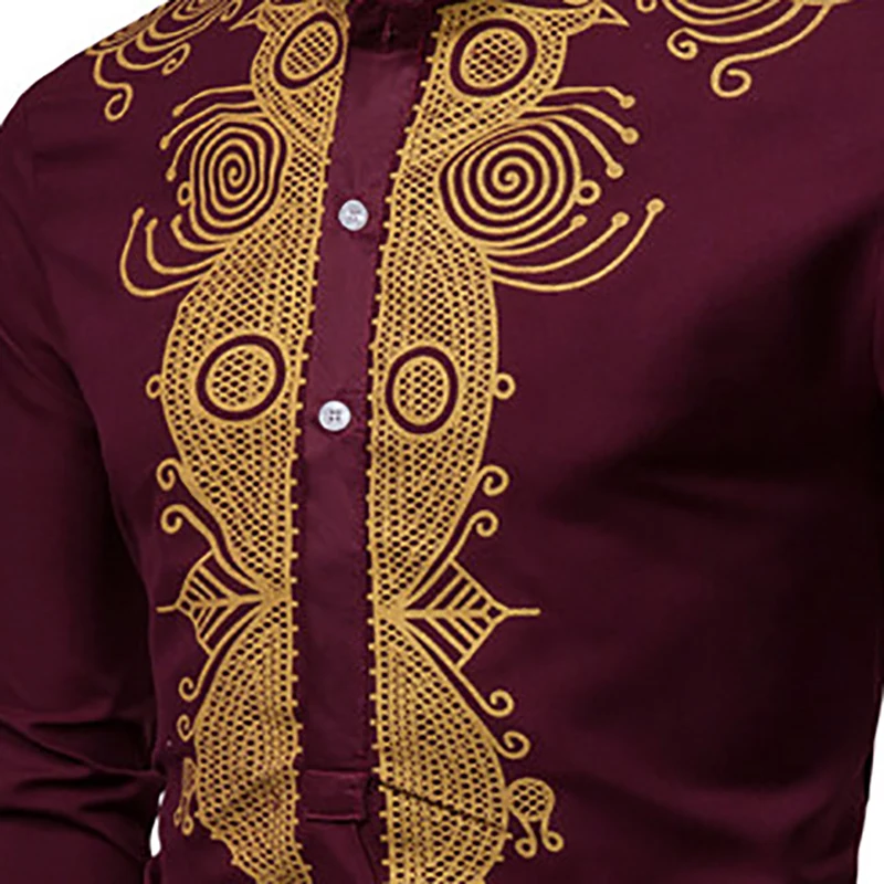 

ZEMTOO Men's bronzing printing long shirt stand stand collar button decoration shirt irregular hem shirt FD025