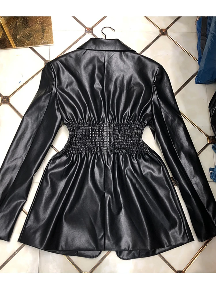 

Free shipping suit collar elastic pleated waist waist PU leather jacket ladies autumn and winter new style personality all-match