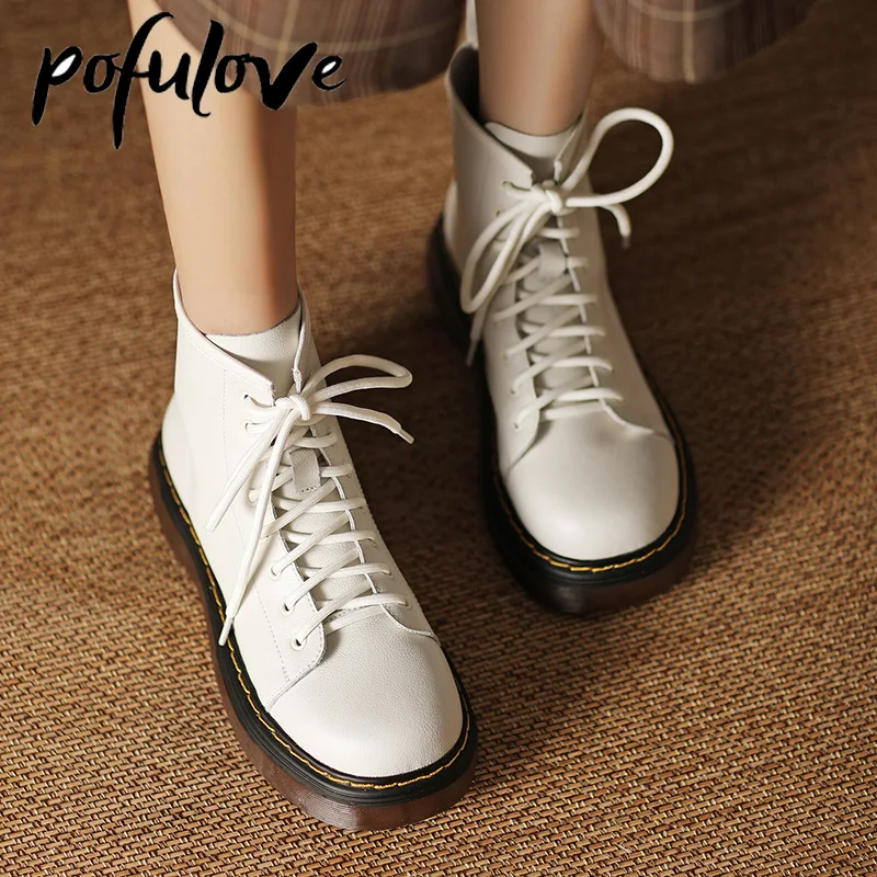 

Pofulove Genuine Leather Boots Women Black White Ankle Booties Platform Chunky Boots Spring Fall Flat Shoes Fashion Brown Botas
