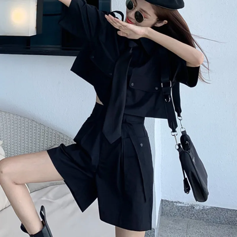 

2021 Summer Fashion Streetwear 2 Piece Sets Womens Outfits Loose Short Sleeve Tie Shirts+ High Waist Loose Wide Leg Shorts