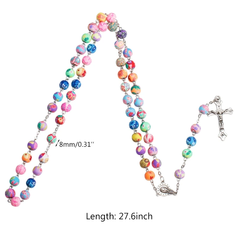 

Religious Rosary Necklace Cross Crucifix Pendant Christian Catholic Multicolor Polymer Clay Prayer Beads Chain Jewelry