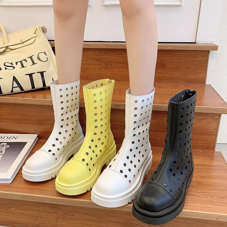 

Women Hollow Out Boots Leather Shoes candy color Cross-Tied Summer Ladies Shoes Solid Motorcycle Female Fashoin Boots