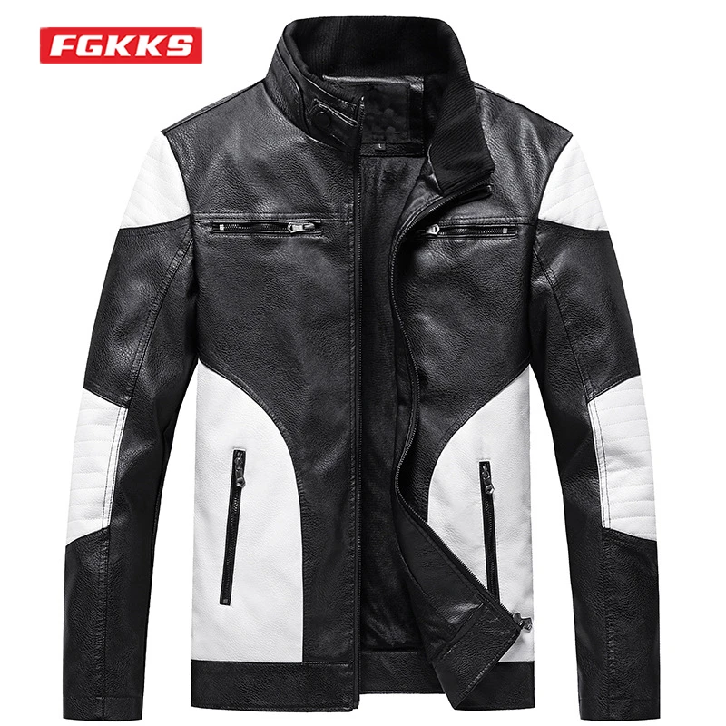 

FGKKS Autumn Winter Men's Leather Jacket Fleece Warm Color-Matching Motorcycle Jacket Fashion Cool Casual Brand PU Jacket Male