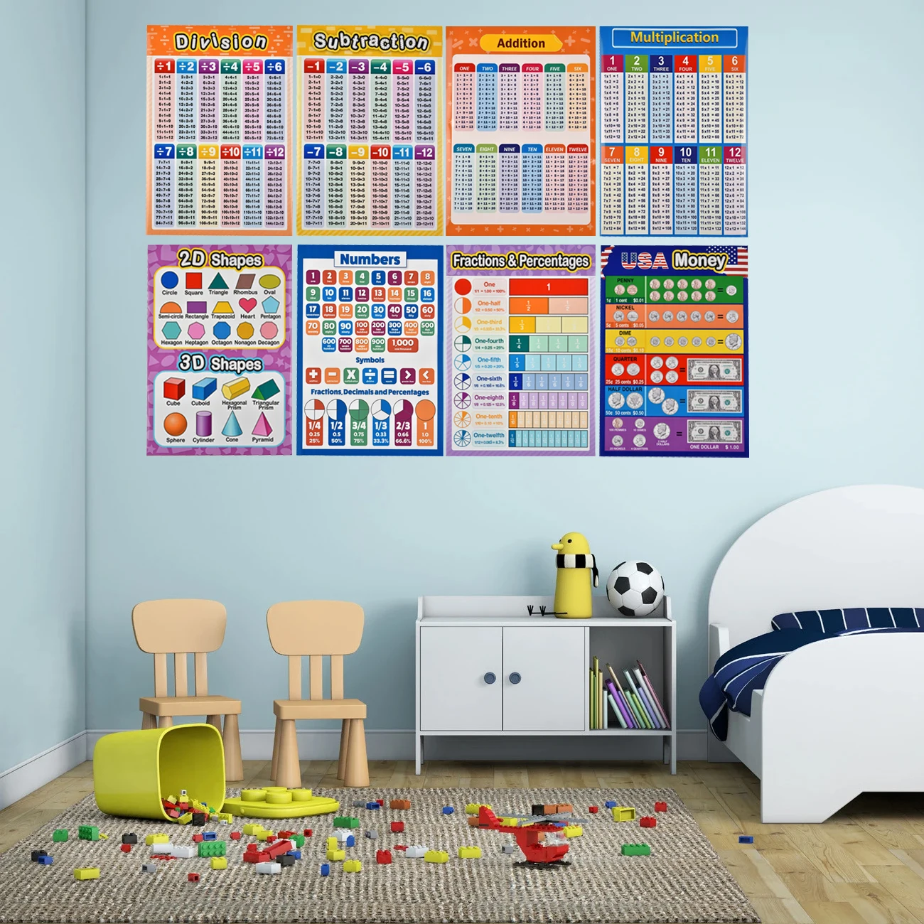 

Educational Posters with Glue Sticker School Classroom Math Multiplication Division Addition Subtraction Fractions 18pcs