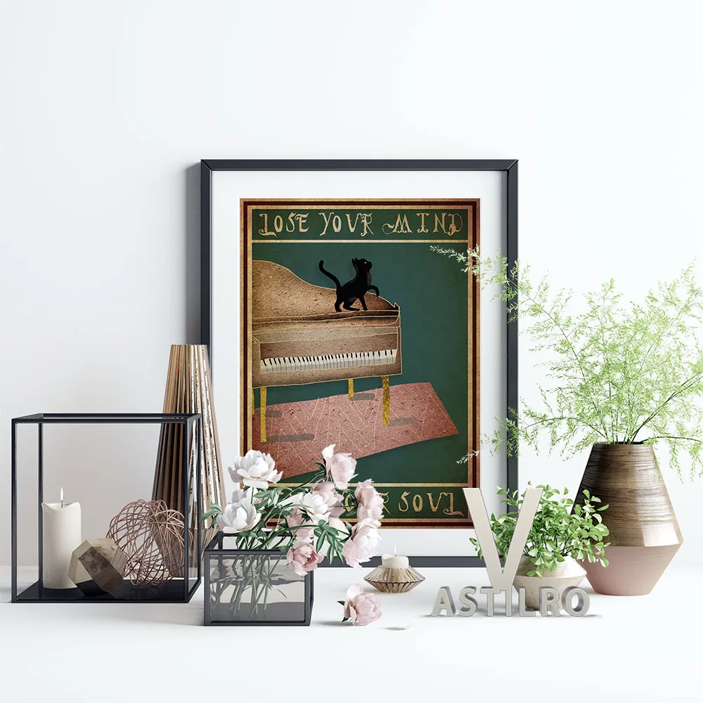 

Abstract Piano Illustration Poster Cute Kitten Black Cat Art Prints Wall Picture Pianist Gift Idea Modern Living Room Home Decor