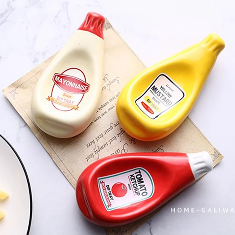 

3 Pcs Ceramic Extruded Tomato Sauce Bottle Shape Dish Soy Sauce Plate Ketchup Mayonnaise Mustard Seasoning Dish