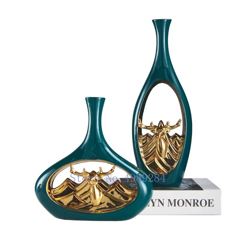 Керамическая ваза с вырезами Современная зеленая ажурная золотым оленем для