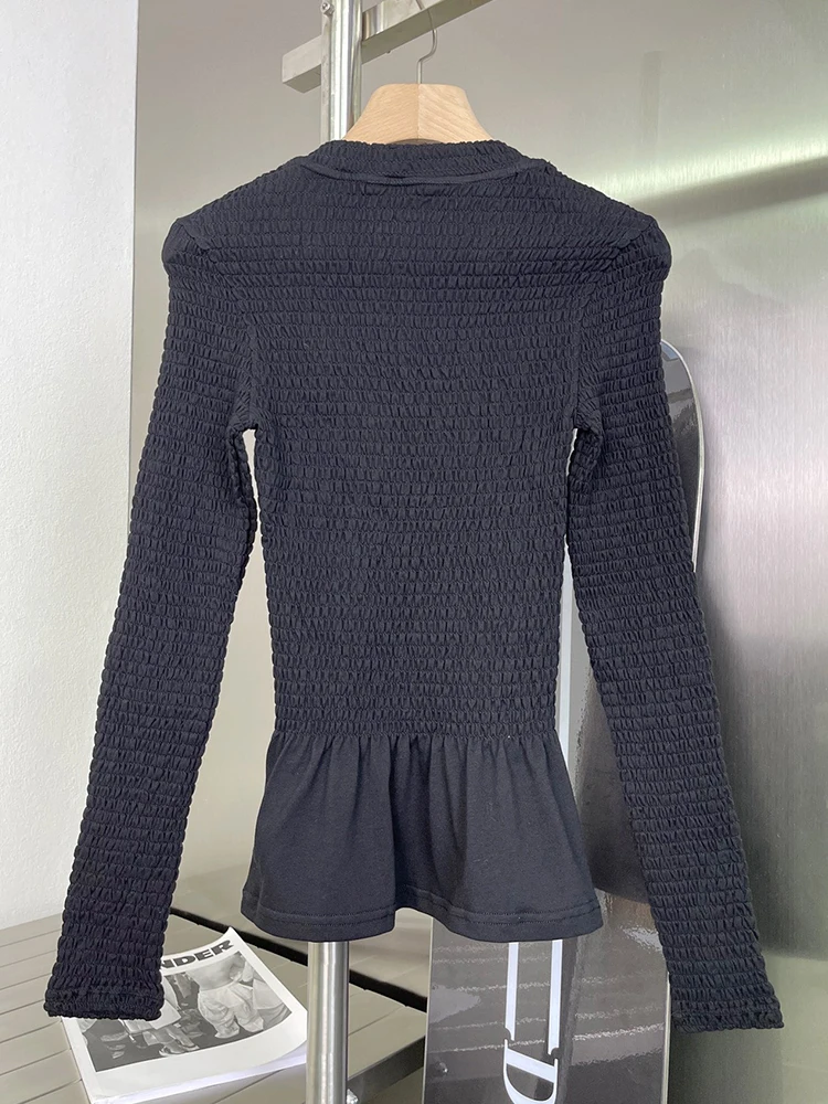 

21 Autumn Women's Clothing Black Pleated Slim O-Neck Stretch Knit Long-Sleeved Tights Pure Color Simple Fashion Streetwear