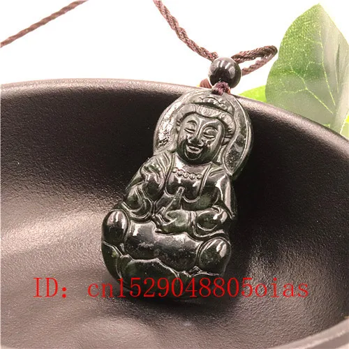 Натуральный китайский черный зеленый нефритовый Гуаньинь кулон ожерелье