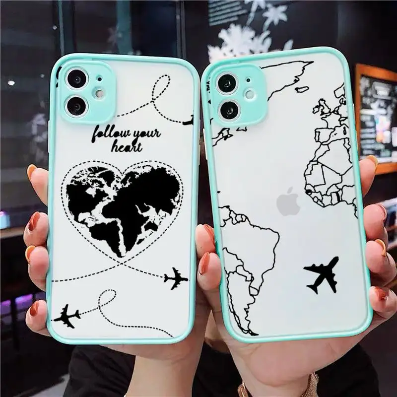 

World map travl airplane pattern Phone Case Matte Transparent for iPhone 7 8 11 12 s mini pro X XS XR MAX Plus cover funda