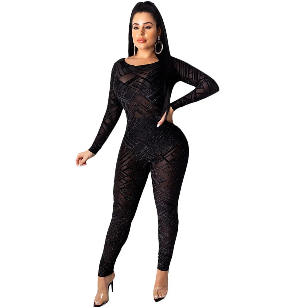 Sexy Night Party Club Black Sheer Mesh Jumpsuit 2019 Women Geometric Hollow Out Back Long Sleeve Bodycon Rompers Female Overalls