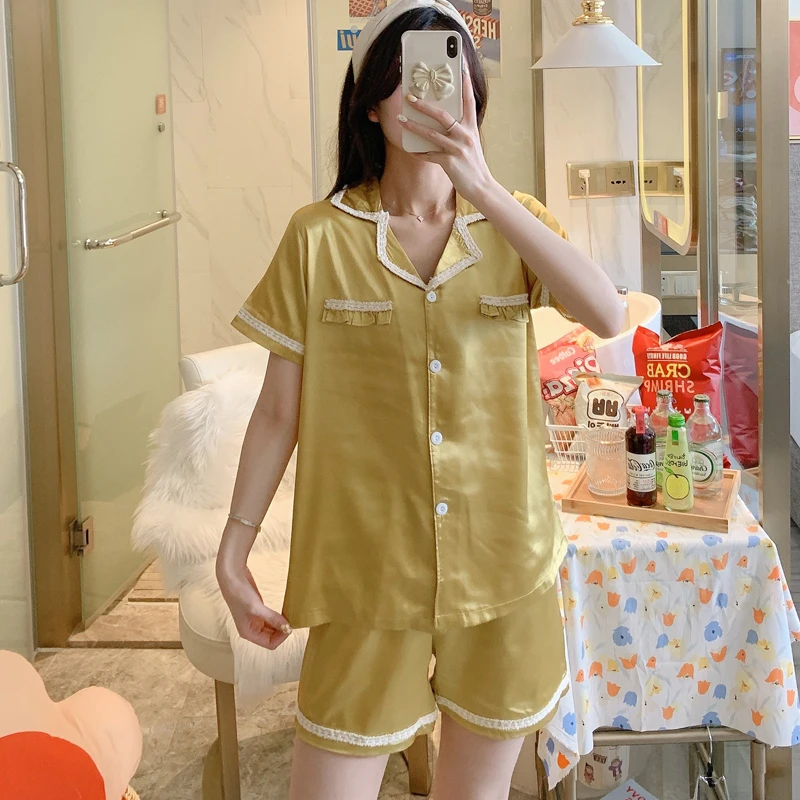CAIYIER Summer Blue Pajamas Women Silk Short Sleeve Sleepwear Suit Lace Lace Small Fragrant Wind Girl Nightwear Home Wear Shorts