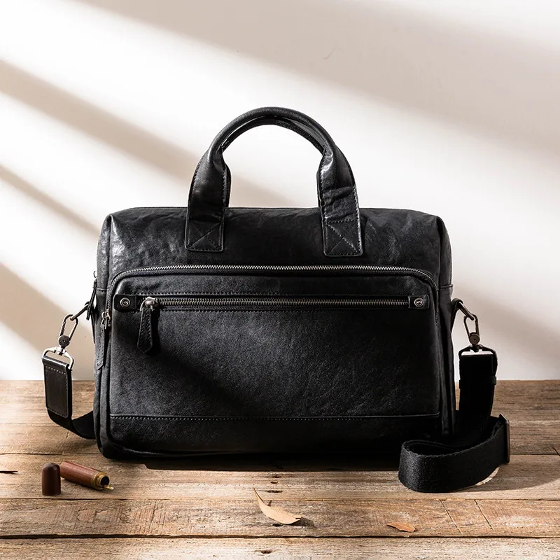 Retro fashion designer natural genuine leather men's black portable business briefcase office laptop ladies messenger bag