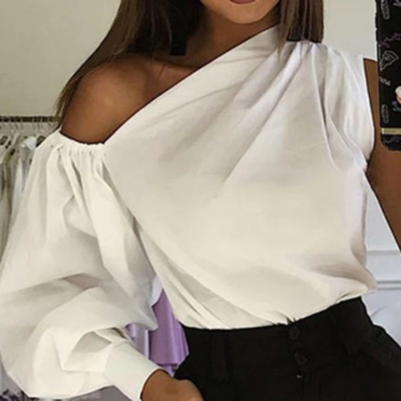 

Blouse Women 2020 Autumn Elegant White Basic Top Female Outfit Casual Blouses One-shoulder Lantern Sleeve Fashion Stylish