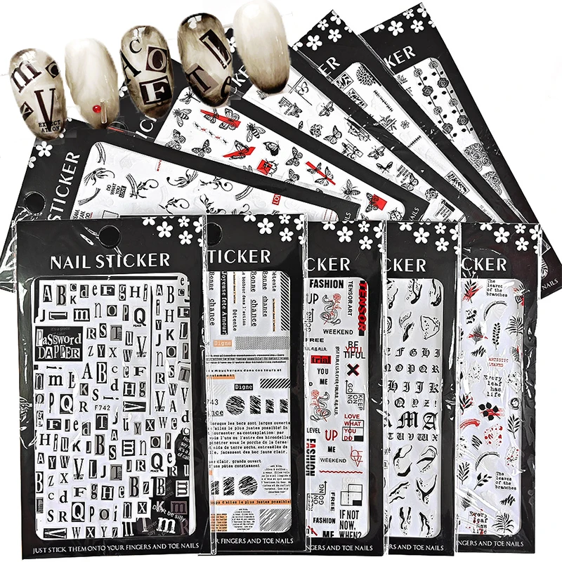 

1Pcs Finger Decorations Sticker Black Partern Decal Letter 3D Self-Adhesive Manicure Sticker#F742-751