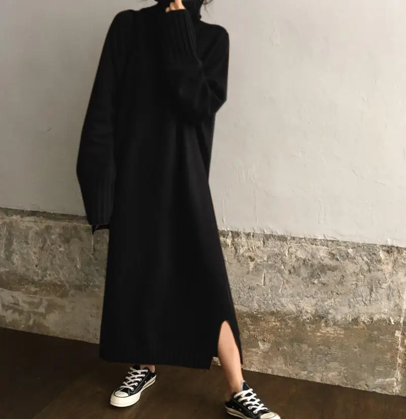 Black Dress Осень Зима длинный трикотажный свитер платье, Женская водолазка с длинным рукавом теплое женское платье-свитер элегантный Пуловер Платья Q1850 - Цвет: Black Dress