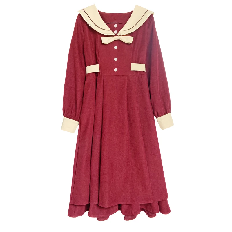 

Japanese Style Autumn Dress Mori Girls Sailor Collar Long Sleeve College Preppy Style Sweet Dress Ruffles Bow Kawaii Cute Dress