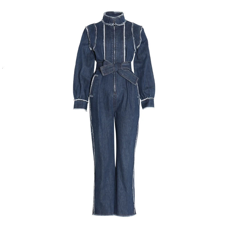 Широкие джинсовые комбинезоны женские со стоячим воротником потертые края