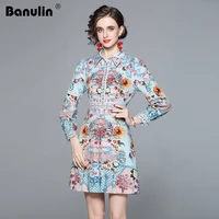 banulin new 2021 fashion runway summer blue midi dress women three quarter sleeve bead floral print elegant party dress