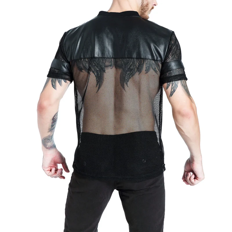 Men Undershirt Sheer Mesh PU Leather Patchwork T-shirts Breathable Gym Sports Jogging Shirts Male Wetlook Erotic Club Wear Tops | Мужская