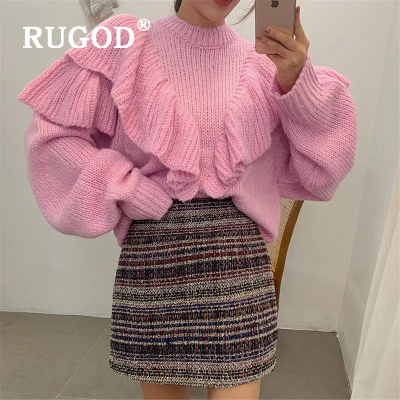 Женский свитер оверсайз RUGOD вязаный с оборками зимний в Корейском стиле 2019 |