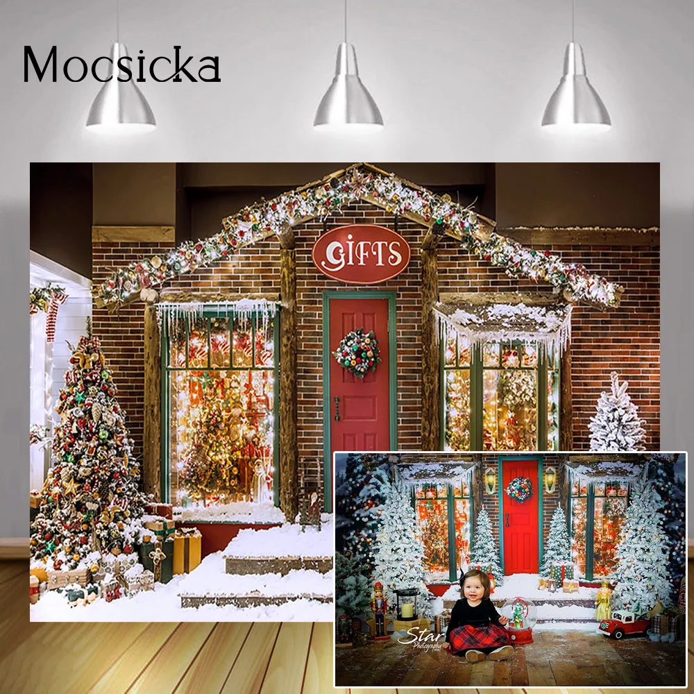 

Winter Christmas Photography Backdrop Snow Merry Xmas Storefront Cottage Background Gifts Shop Kids Birthday Portrait Photocall