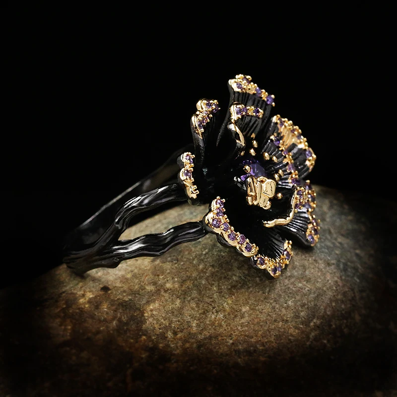 Изысканное креативное цветущие цветы стоп-бабочка кольцо Черное золото 925