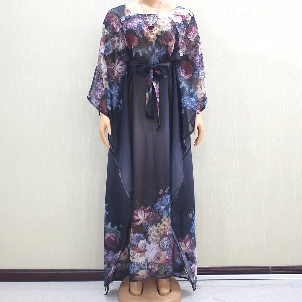 Elegant Chiffon Floral Print Autumn Sashes African Females Batwing Sleeve Sexy Party Dress for Women | Тематическая одежда и