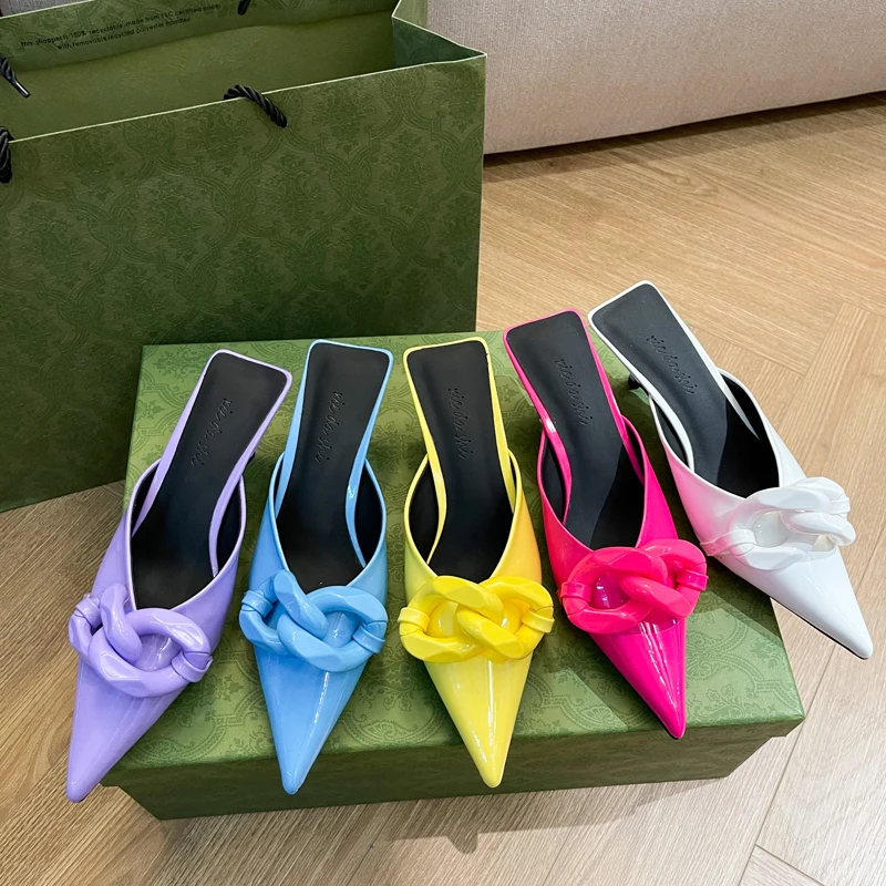 

2021 Summer Women Slipper Fashion Candy Colors Chain Ladies Slip On Mules Shoes Thin Low Heel Pointed Toe Slides Flip Flop Woman