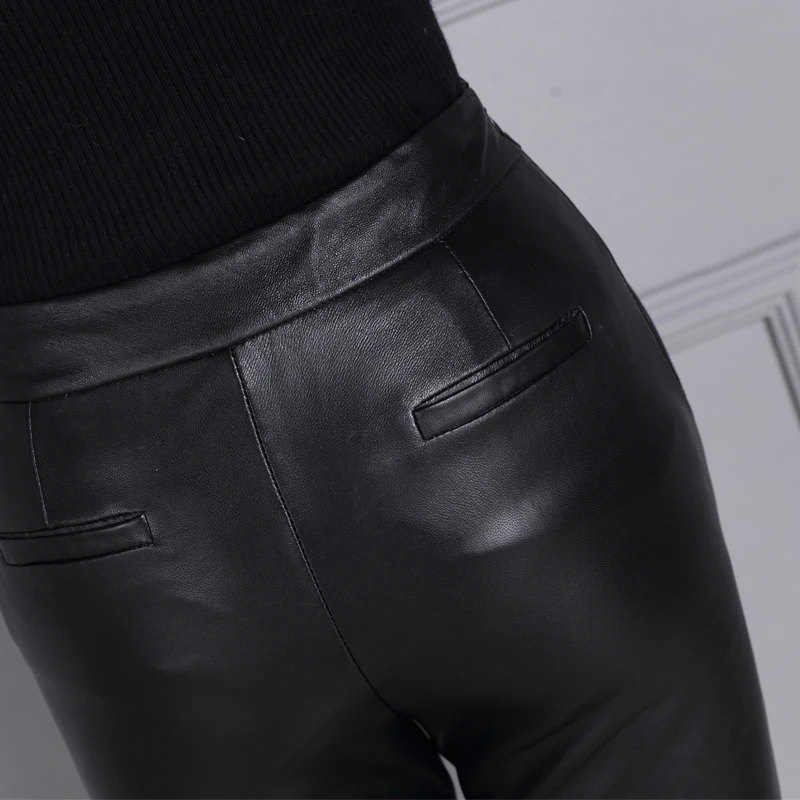 

High Quality Leather Women Flare Pants OL Style Sheepskin Ankle Length Pants Spring 2021 Casual Elastic Waist Pants Plus Size