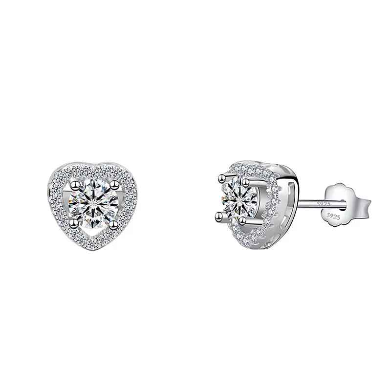 

Luxury Female White Crystal Heart Earrings Real 925 Sterling Silver Wedding Earrings For Women Small Double Stud Earrings