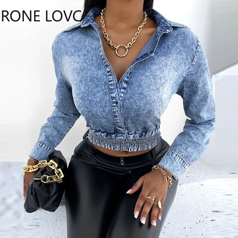 Женский укороченный джинсовый топ на пуговицах с длинным рукавом Повседневная