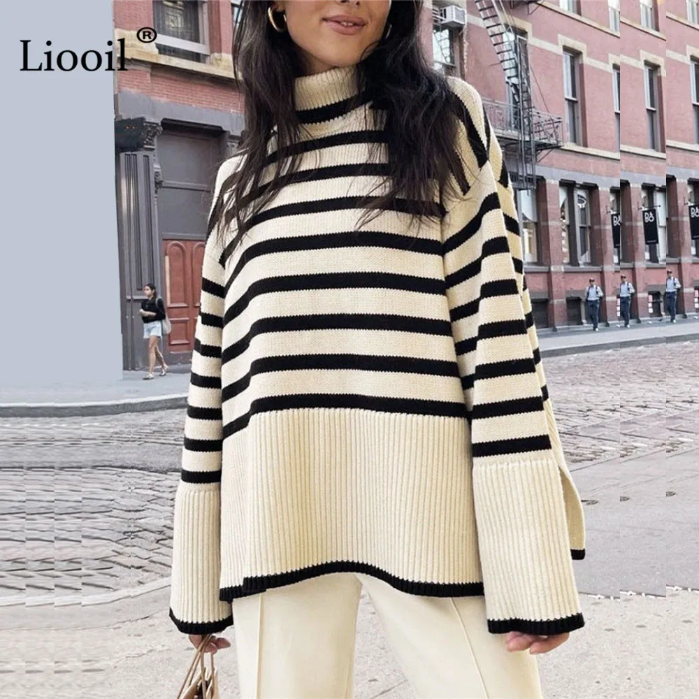 Свитер в черно-белую полоску, уличные свободные топы, Женский пуловер, женский джемпер с длинным рукавом, водолазка, вязаные свитера в рубчик - Утепляемся: куртки и свитеры
