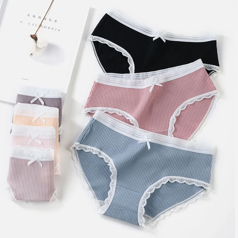 Женские кружевные трусы однотонные хлопковые антибактериальные 3 шт./лот Прямая