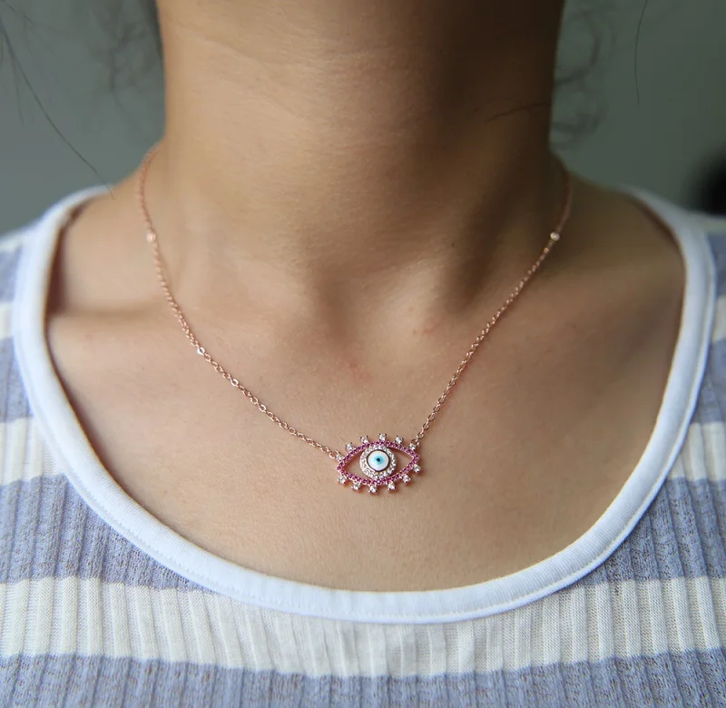 

New Arrived Factory Price Rainbow Cz Paved Eye Charm Pendant Necklace with Enamel Shiny Lady Necklace for Women Wedding Jewelry
