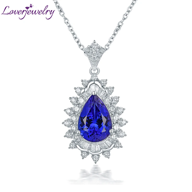 

LOVERJEWELRY Women Tanzanite Pendants Solid 18Kt White Gold Blue Tanzanite Wedding Pendant Pear Shape Gemstone Genuine Diamonds