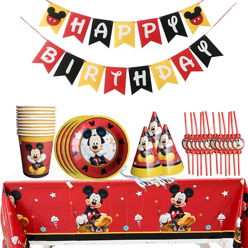 

Disney Mickey mouse Kids Celebration Birthday Party Decor paper Plate Cups Disney Disposable Tableware pennant Party Supplies