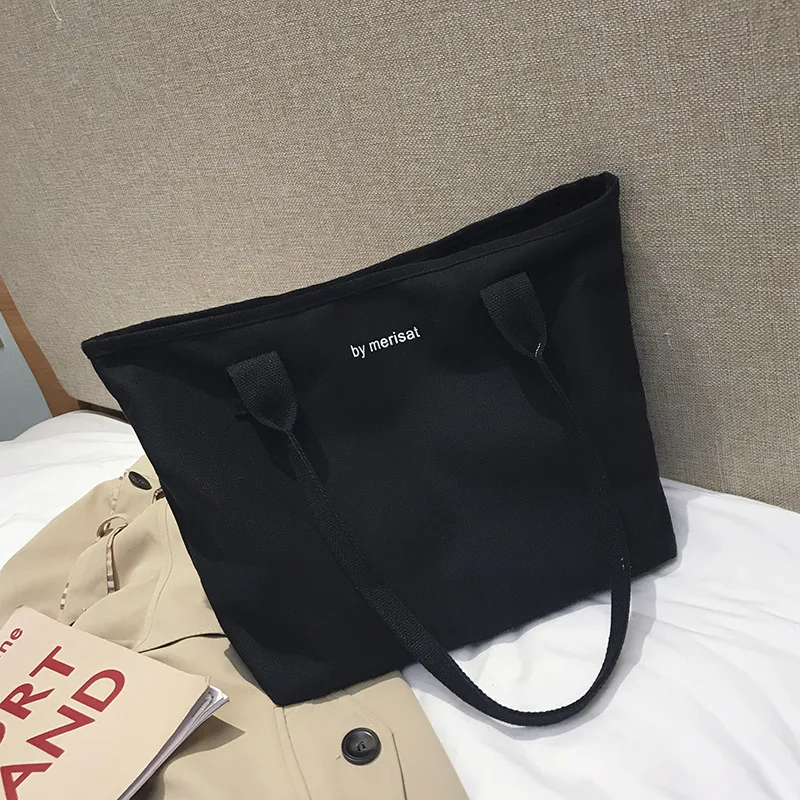 

New canvas girls big bag casual solid color daily zipper student bag large capacity travel shopping ladies one-shoulder handbag